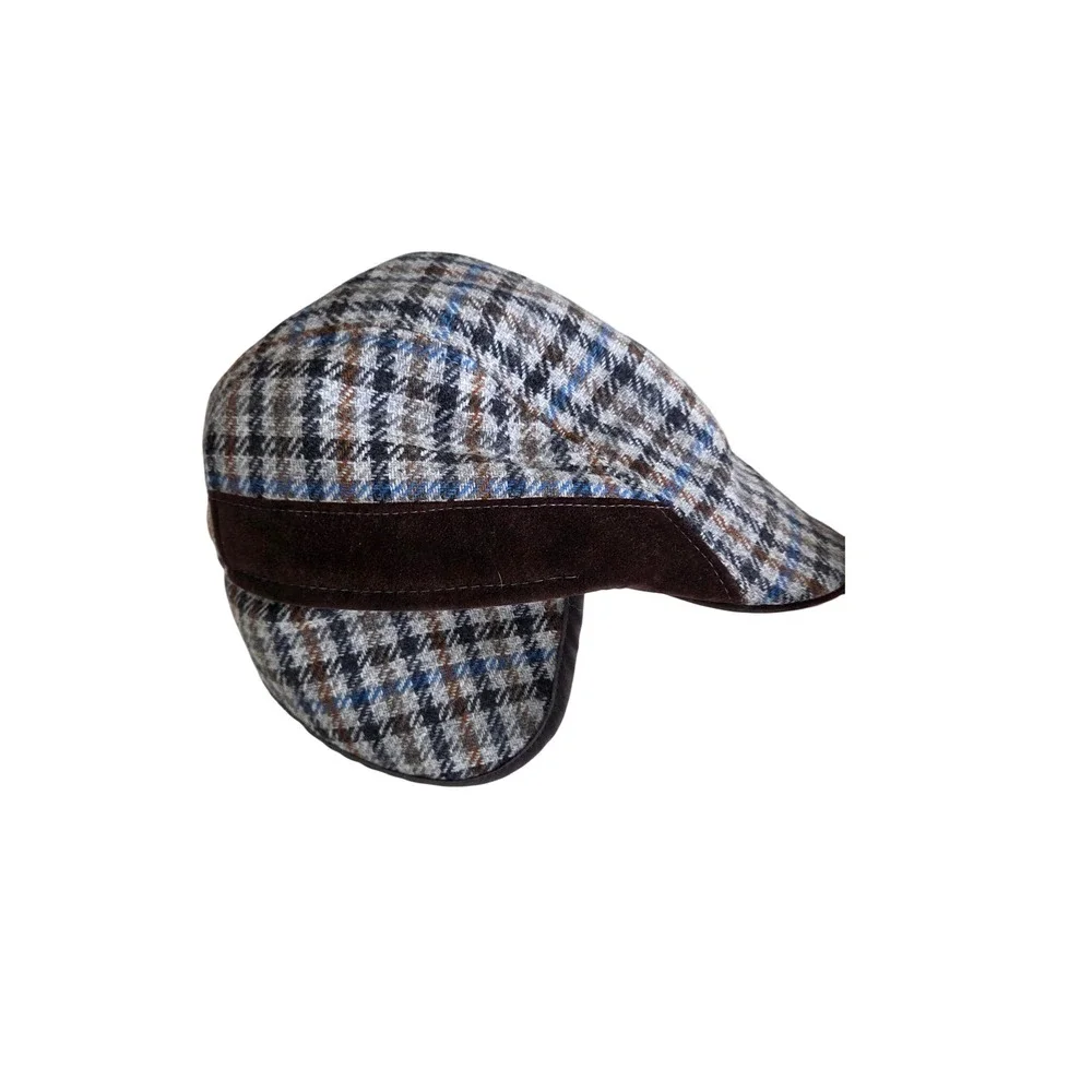 Houndstooth Newsboy Cap Brown Blue‎ Plaid Driving  Hat Ear Flaps Made In Italy